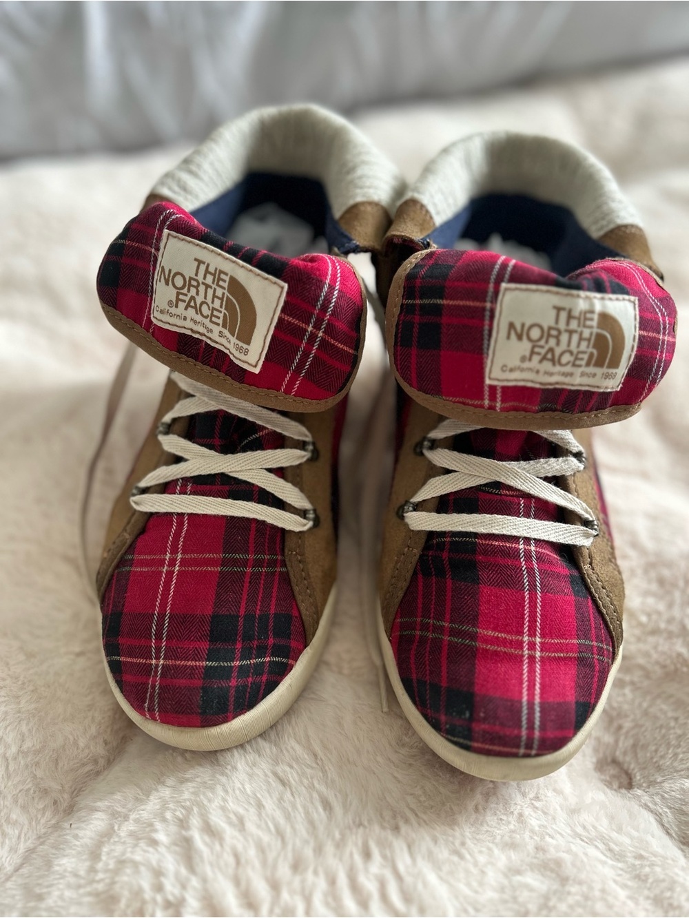 The North Face Red Plaid Lace-Up Women's Boots with Tan Accents